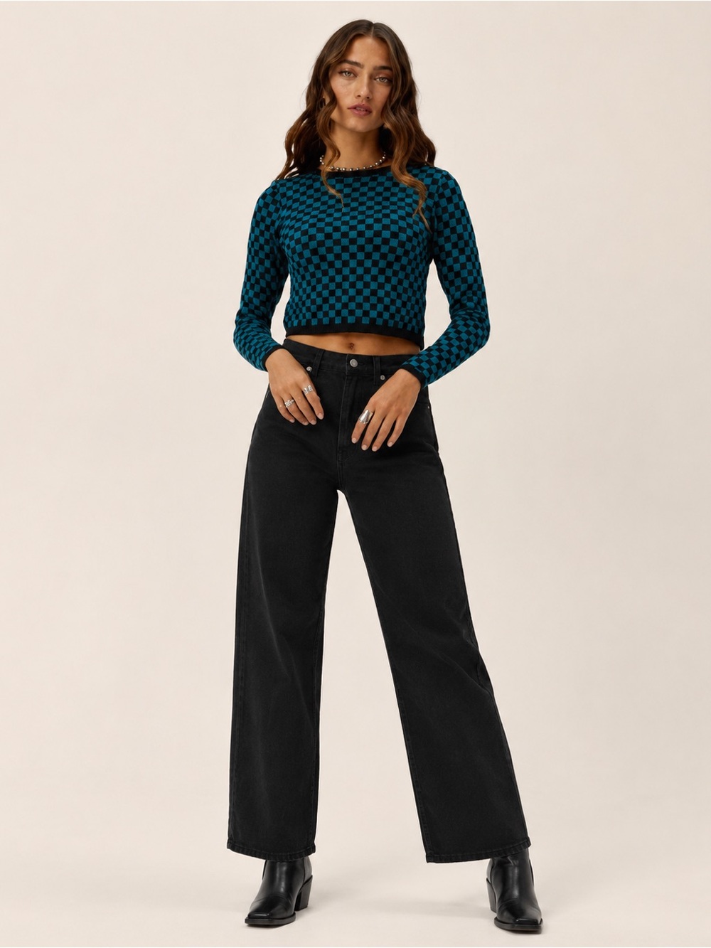 Daydreamer Teal Black Checkerboard Cropped Sweater Size L NWT